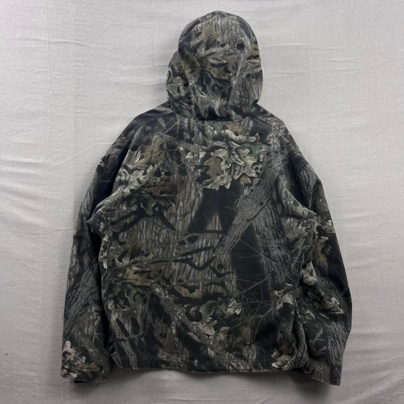 Chaqueta de trabajo con capucha Columbia para hombre, talla XL, estampado de camuflaje Mossy Oak, forrada de felpa, de lona con cremallera. imagen 2