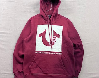 True Religion Hoodie Mens Large Burgundy Rhinestone Stud Horseshoe Logo Pullover