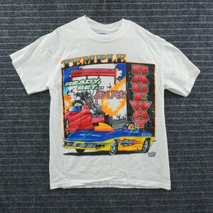 May include: A white short-sleeve t-shirt featuring a graphic print of a red dragster and a blue race car. The text reads Temple Raceway and Ready, Set... Rats! The design includes orange flames and a black background with red lettering.