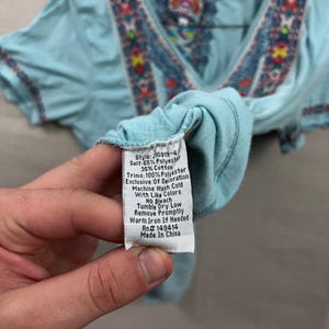 Johnny Was Embroidered V-Neck Top Women Large Light Blue Boho Short Sleeve Shirt image 4