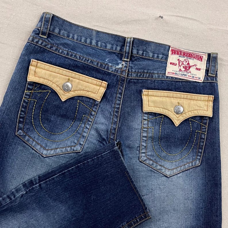 True Religion Billy Super T Jeans Mens 38 Blue Dark Wash Corduroy Flap Pockets image 1