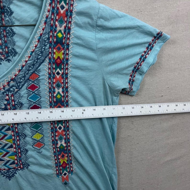 Johnny Was Embroidered V-Neck Top Women Large Light Blue Boho Short Sleeve Shirt image 5