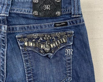 Miss Me Bootcut Jeans Womens 31 Dark Blue Embellished Rhinestone Flap Pocket