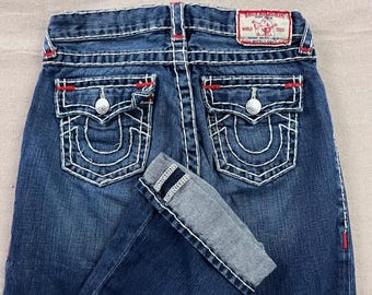 Jeansy męskie True Religion Billy Super T, rozmiar 14, ciemne, białe, kontrastowe szwy