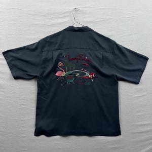 トミーバハマ シルク キャンプシャツ メンズ M ブラック フラミンゴ BBQ 刺繍 ヘリンボーン