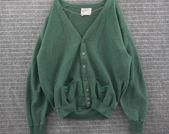 Vintage 60s Kings Road Cardigan Sweater Mens XL Green V-Neck Button Front Pocket