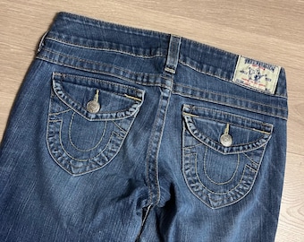 Jeans skinny da donna Y2K True Religion, lavaggio blu, con tasca a patta, realizzati negli Stati Uniti, taglia 28