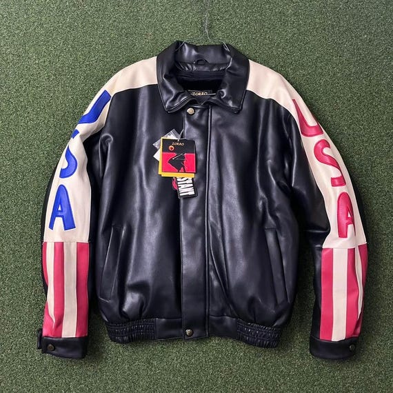 NWT Vintage 90s Zorro USA Flag Zip up Bomber Faux Leather Faux Fur