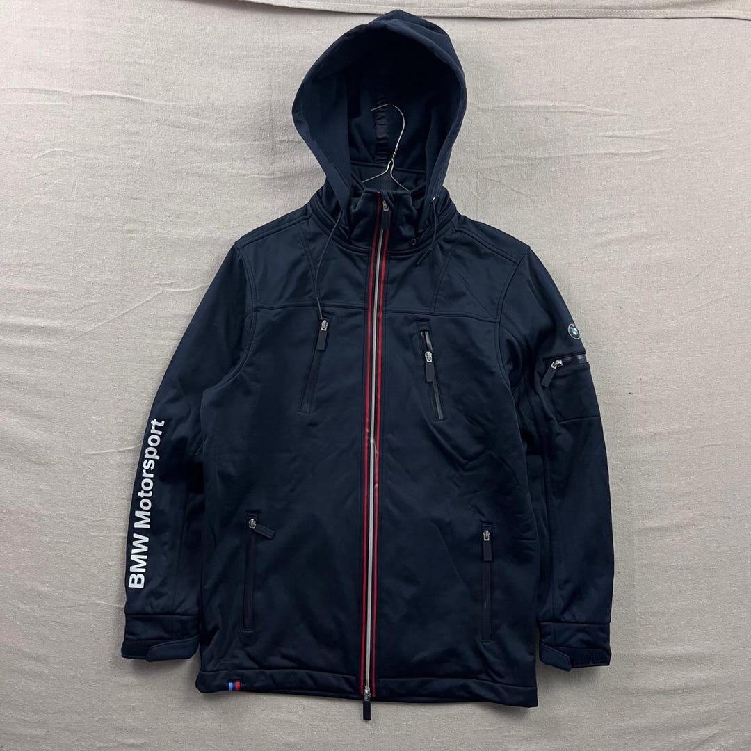 BMW Motorsport Softshell Jacket Mens Small Navy Blue Hooded Racing Zip ...