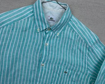 Vintage Lacoste 100% Linen Striped Green White Button Down Shirt