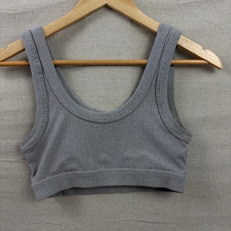 Alo Yoga Ribbed Wellness Bra Womens Small Grey Scoop Neck Light Support image 1