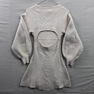 Free People Ivory Cable Knit Mini Emmaline Dress Balloon Sleeve Cutout Back S image 2
