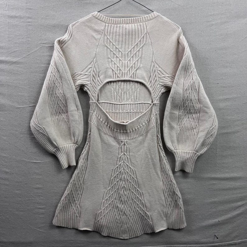 Free People Ivory Cable Knit Mini Emmaline Dress Balloon Sleeve Cutout Back S image 2