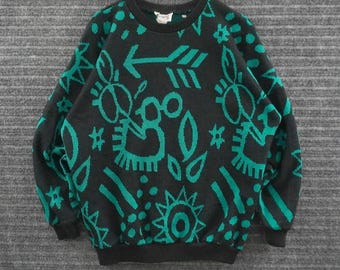 Vintage 80s EnChante Sweater Womens Medium Black Teal Abstract Geometric Knit