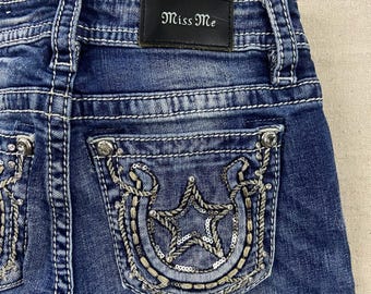 Fräulein mich schmal Boot Jeans Frauen 26 Blau Pailletten Stern Hufeisen verziert Mid Rise