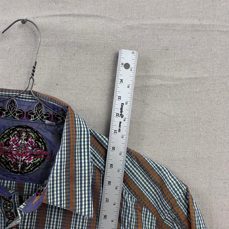 Robert Graham Button Down Shirt L Blue Green Gingham Striped Embroidered Cuff image 9