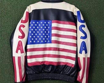 NWT Vintage 90s Zorro USA Flag Zip Up Bomber Faux Leather Faux Fur Lined Jacket