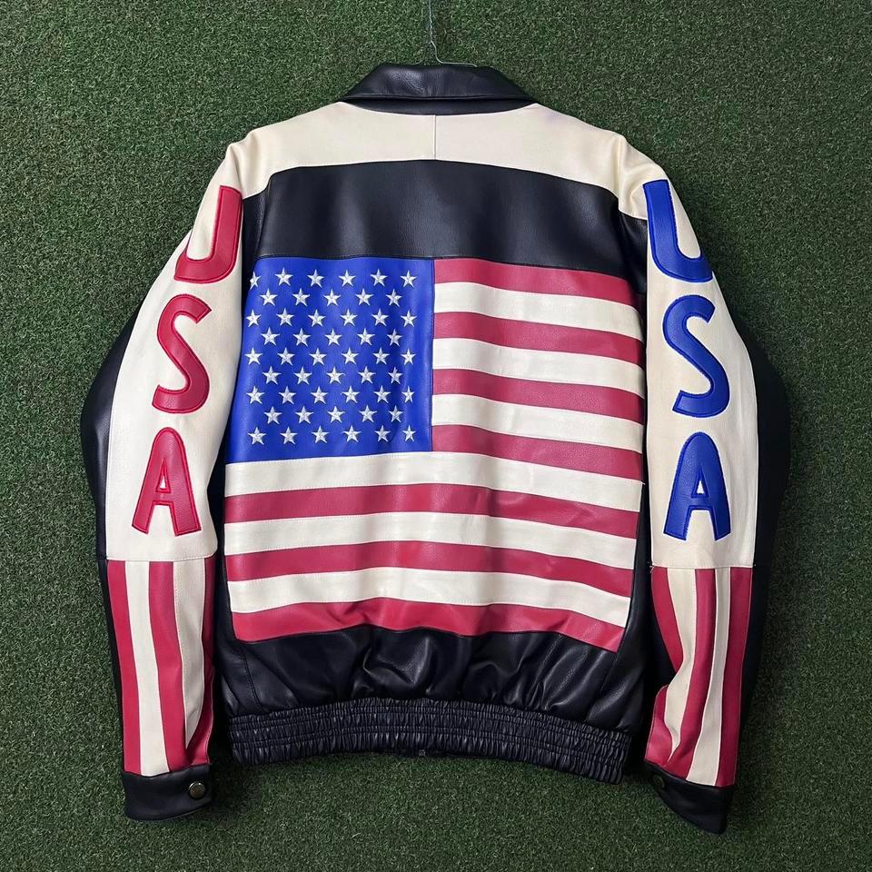 NWT Vintage 90s Zorro USA Flag Zip up Bomber Faux Leather Faux Fur
