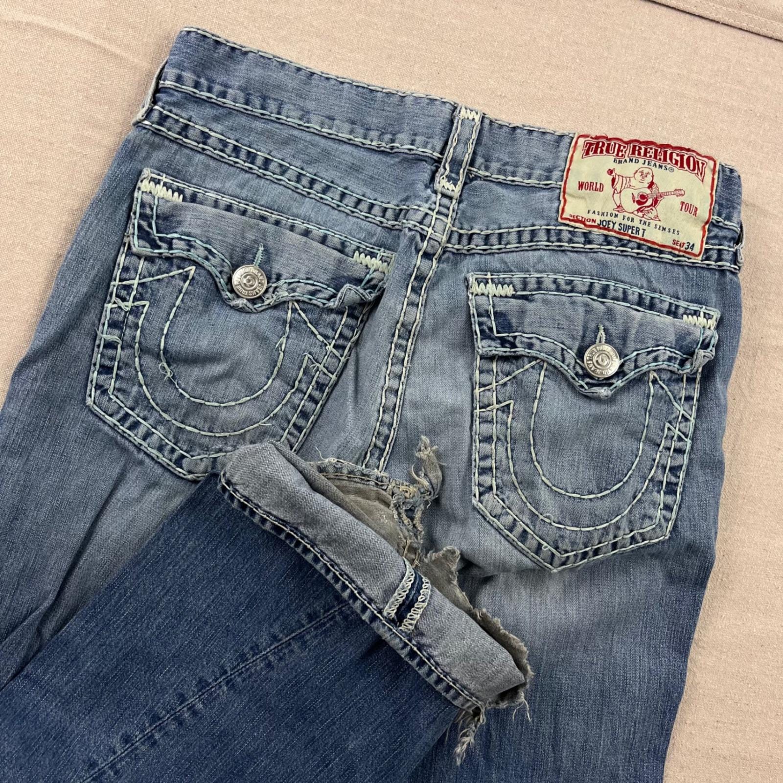 True Religion Joey Super T Jeans Mens 36 Blue Distressed Flare