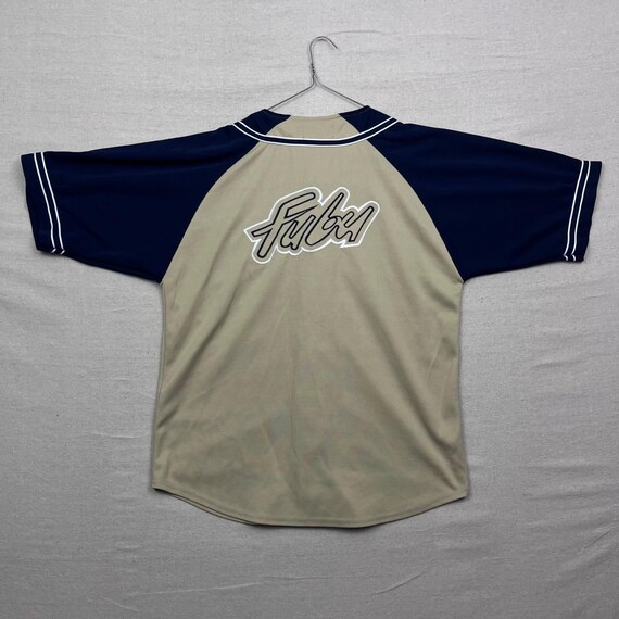 Vintage 90s FUBU Baseball Jersey XL Tan Navy Short Sleeve Button 