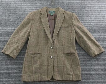 Blazer Lauren Ralph Lauren para mujer, talla 12, color marrón, estampado Glen Plaid, lana y alpaca, con coderas.