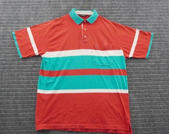 Vintage Christian Dior Monsieur Polo Shirt Mens M Red Teal Striped Pocket