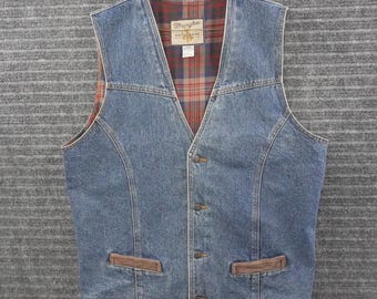 Vintage 90s Wrangler Denim Vest Mens XL Blue Plaid Lined Western Cinch Back