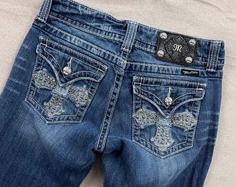 Miss Me JP5046-4 Bootcut Jeans Dark Wash Rhinestone Cross Flap Pocket Size 29