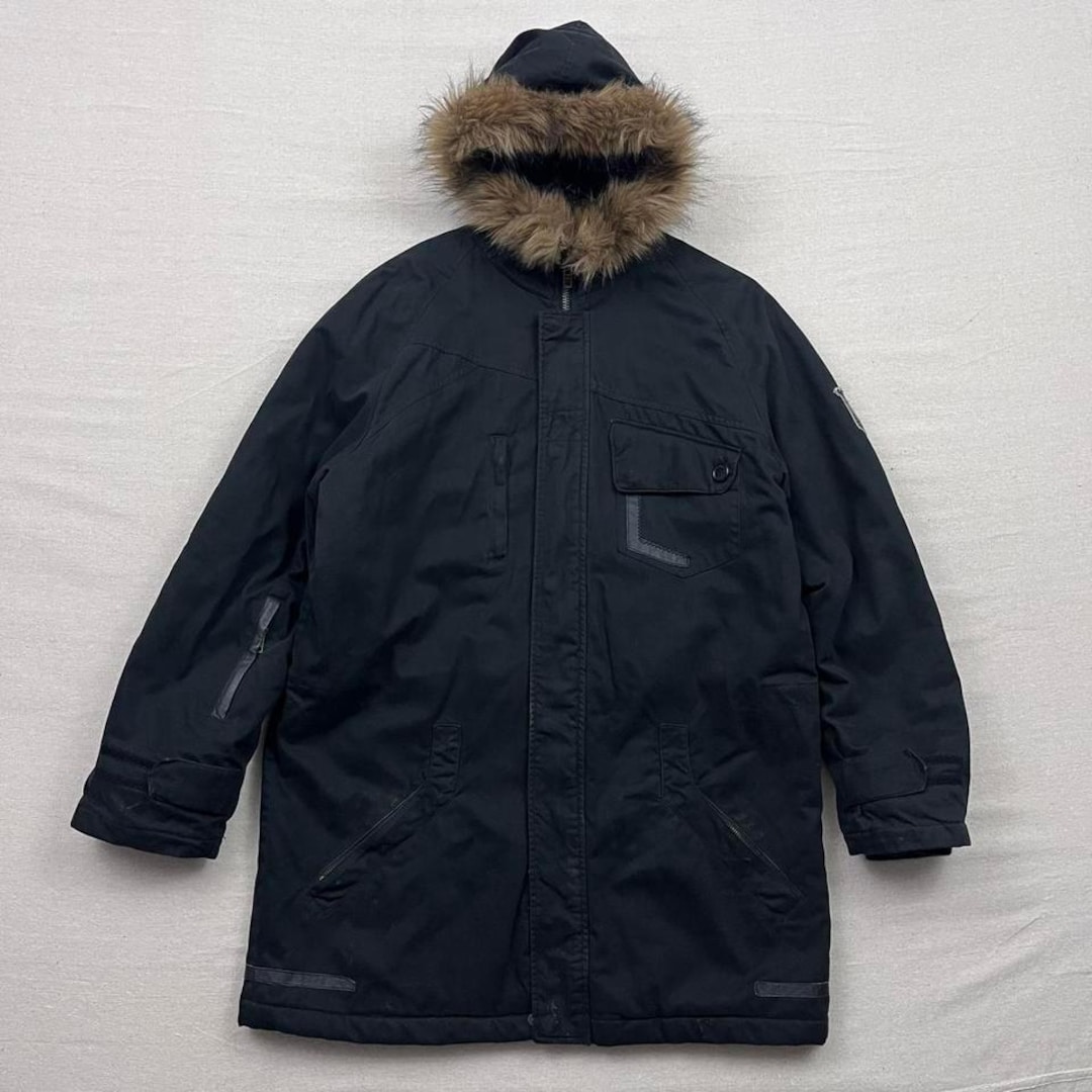 Y2K Lost Fur Trim Hooded Parka Jacket Full Zip Black Quilted and
