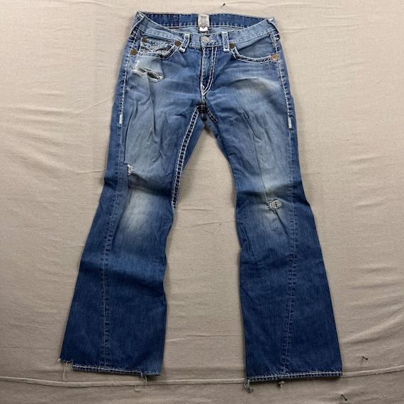 True Religion Joey Super T Jeans Mens 36 Blue Distressed Flare