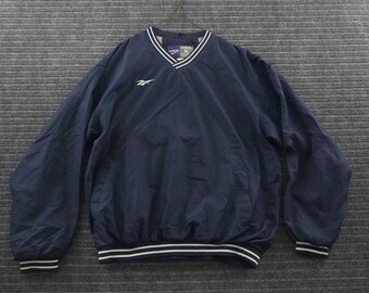 Vintage 90s Reebok Windbreaker Pullover Mens XL Navy Blue V-Neck Striped Trim