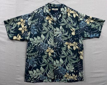 Tommy Bahama Silk Shirt Men Medium Green Tropical Monstera Leaf Floral Button Up