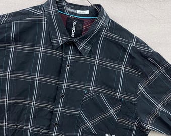Billabong Mens Short Sleeve Button Down Plaid Shirt Black White Blue Size L