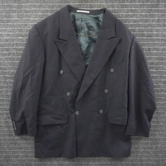 Saint Laurent, Vintage 80s Yves Saint Laurent Blazer Mens L Navy Blue Pinstripe Double Breasted