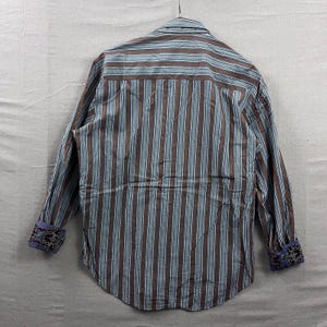 Robert Graham Button Down Shirt L Blue Green Gingham Striped Embroidered Cuff image 3