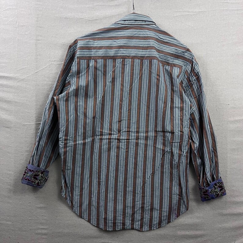 Robert Graham Button Down Shirt L Blue Green Gingham Striped Embroidered Cuff image 3