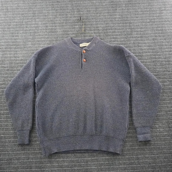 Vintage 90s St Johns Bay Henley Fisherman Sweater Mens LT Blue Ribbed Wool USA