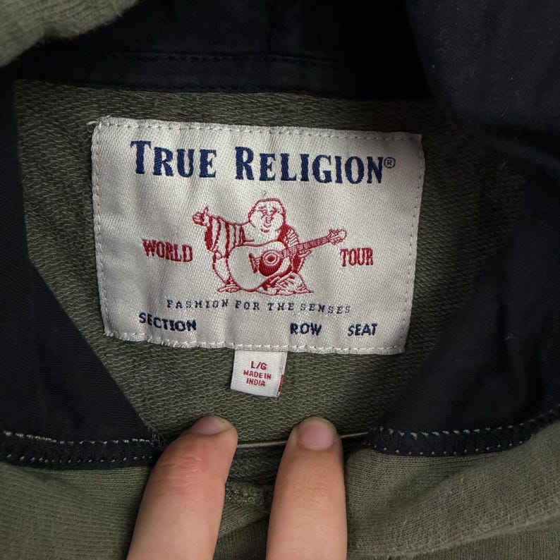 True Religion Hoodie Mens Large Olive Black Monogram Pullover Sweatshirt Logo image 3
