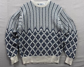 Jockey Sweater Large Blue Cream Geometric Cotton Knit Crew Neck Vintage Style