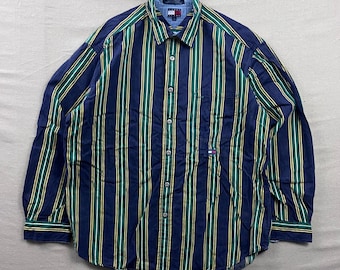 Tommy Jeans Button Down Shirt Mens XL Navy Blue Striped Vintage 90s