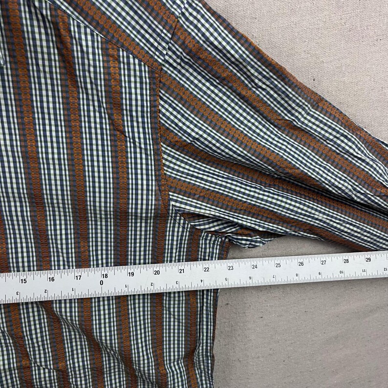 Robert Graham Button Down Shirt L Blue Green Gingham Striped Embroidered Cuff image 8