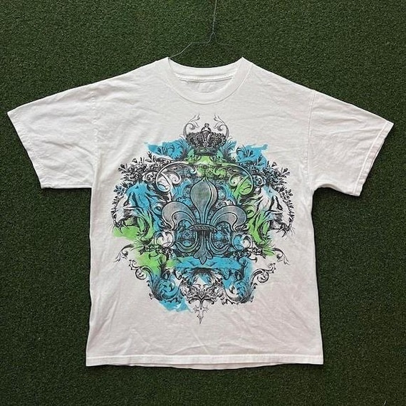 Y2K メンズ ホワイト グラフィック Tシャツ フルール・ド・リス 