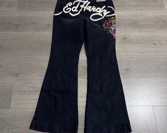 Y2K Ed Hardy Denim Flare Jeans Tiger Embroidered Logo Back Dark Wash Size 32
