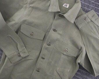 Vintage 60s Military OG-107 Utility Shirt Mens 38 Olive Green Cotton Sateen