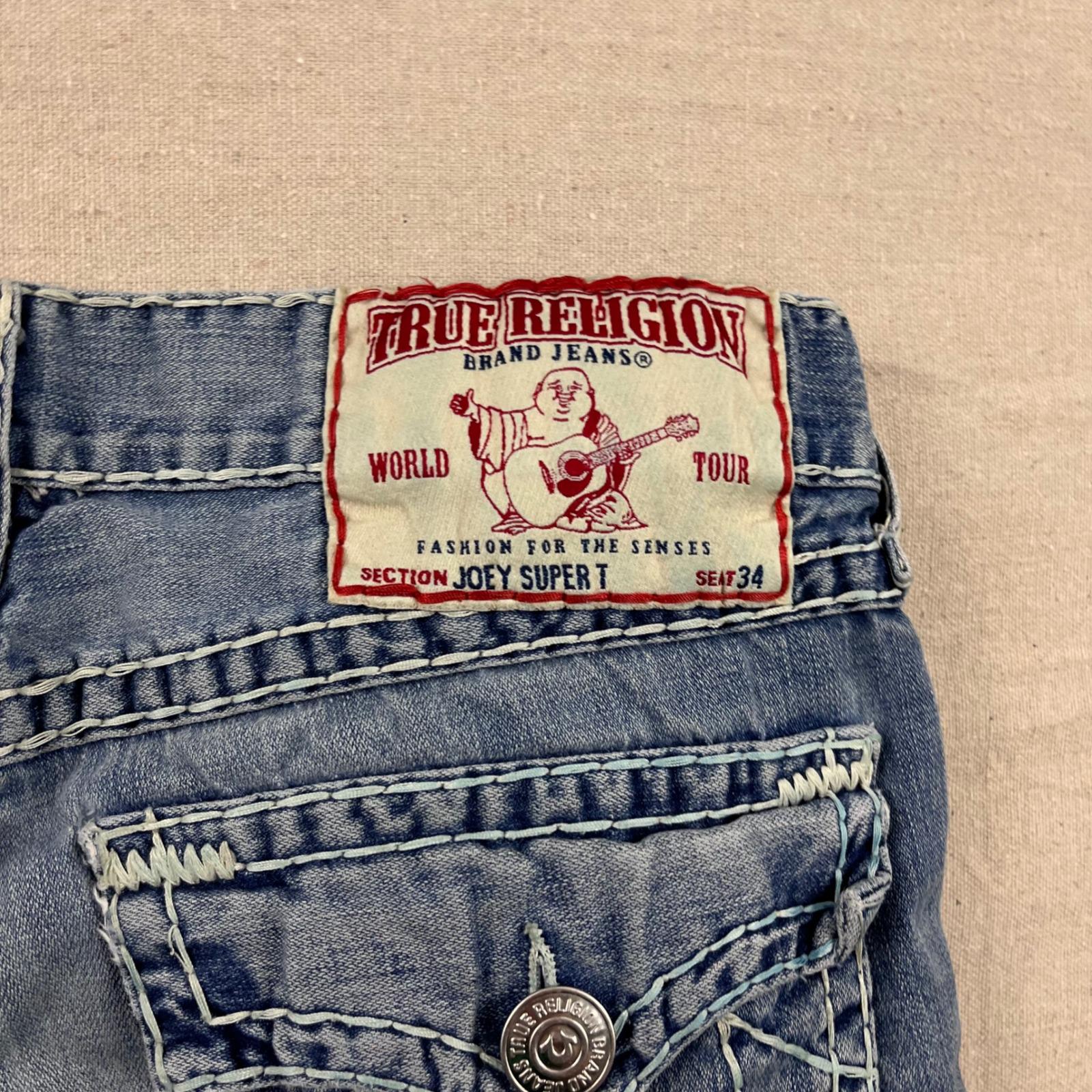 True Religion Joey Super T Jeans Mens 36 Blue Distressed Flare