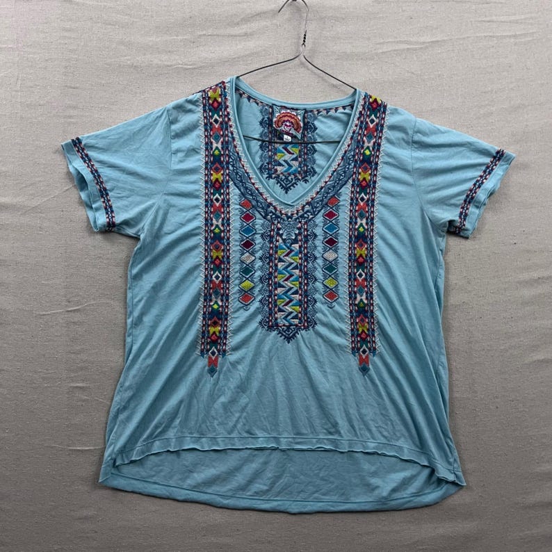 Johnny Was Embroidered V-Neck Top Women Large Light Blue Boho Short Sleeve Shirt image 1