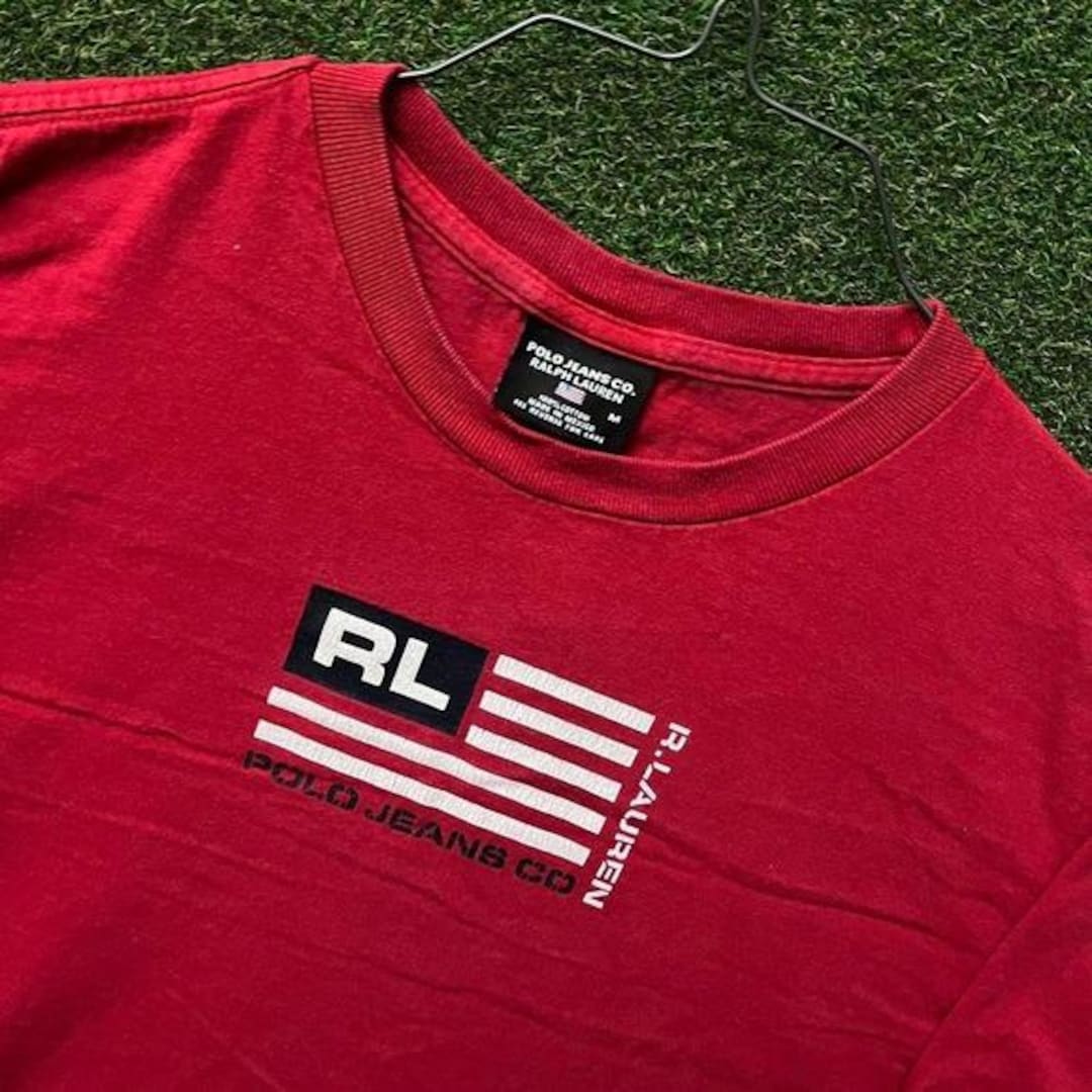 Polo Jeans Co Ralph Lauren Mens Red RL Flag Graphic Long Sleeve T