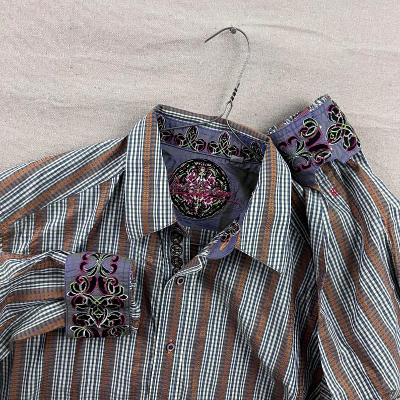 Robert Graham Button Down Shirt L Blue Green Gingham Striped Embroidered Cuff image 1