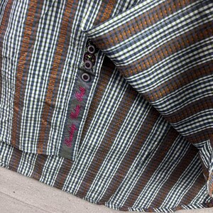 Robert Graham Button Down Shirt L Blue Green Gingham Striped Embroidered Cuff image 7