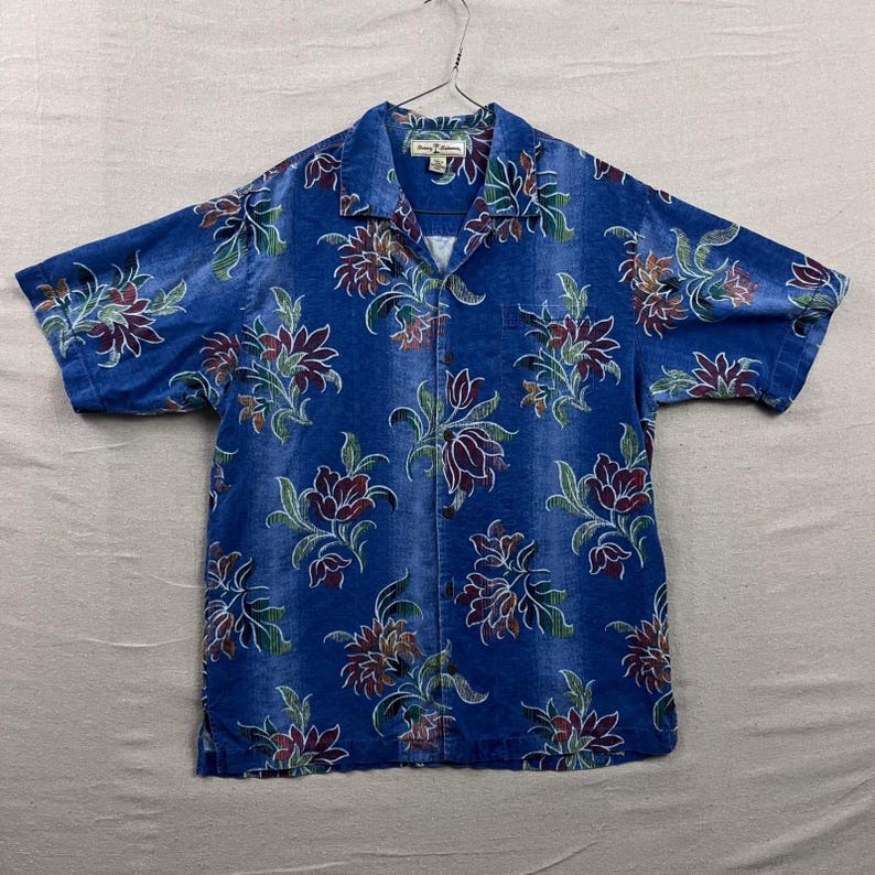 Tommy Bahama Silk Shirt Mens M Blue Tropical Floral Short Sleeve Camp Collar image 1